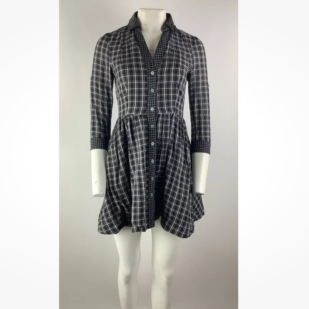 Anthropologie Sz 0 Black Plaid Button Shirt Mini Dress 100% Cotton Casual
